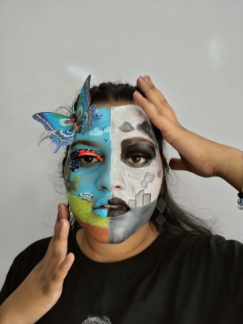 Save Earth 🌍 , face painting, face art 🎨 make up looks Save Earth Face Painting, Face Painting Themes For Competition, Earth Face Painting, Face Painting Themes, Peacock Face Painting, Face Painting Competition, College Fest, Halloween Makeup Hacks, Painting Themes