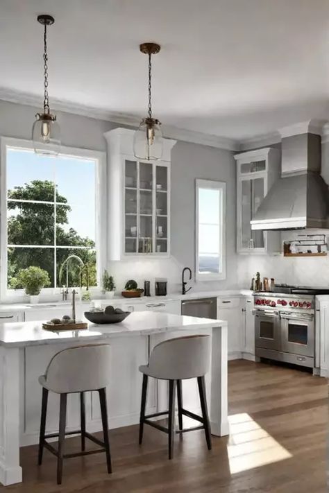 Inviting white kitchen with warm lighting and open shelving Off White Kitchen, Small Open Plan Kitchens, Off White Kitchens, Open Concept Layout, White Kitchens, Mid Century Modern Kitchen, Cabinets And Countertops, Warm Lighting, First Apartment