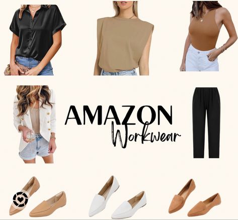 Amazon Workwear for Women! My bestselling amazon neutral workwear for women. Affordable workwear for women. Amazon body contouring bodysuit. Amazon shoulder pad top. Amazon satin button up. Amazon mules. Amazon white blazer. Follow my shop @kamrynvanosdell on the @shop.LTK app to shop this post and get my exclusive app-only content! #liketkit #LTKfit #LTKworkwear #LTKunder50 @shop.ltk https://liketk.it/3Lg3F Office Outfits Women Amazon, Amazon Workwear, Amazon Workwear Women, Business Casual Amazon Finds, Viral Amazon Bodysuit, Amazon Worker Memes, Amazon Pregnancy Outfits, Black Costume, Women's Button Down Shirt