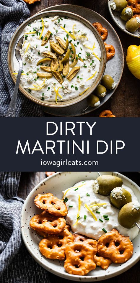 Dirty Martini Dip tastes like an olive-adorned dirty martini in dip form! This alcohol-free, bold and zesty dip is irresistible. iowagirleats.com creamy dip, easy dip, sour cream dip, cream cheese dip Maui Onion Dip, Dip Party Dips, Award Winning Dip Recipes, Dirty Martini Dip With Blue Cheese, Martini Dip Recipe, Dirty Martini Dip Recipe, Warm Dips Easy, Cold Cheese Dip, Dip Ideas For Party Snacks