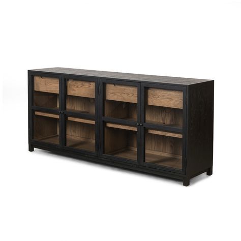 Millie Large Sideboard – BURKE DECOR Modern Entertainment Center, Large Sideboard, Tempered Glass Door, Cabinet Shelving, Rustic Lodge, Wooden Design, Burke Decor, Hidden Storage, Display Cabinet