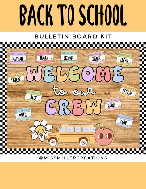 Groovy Back to School Bulletin Board Kit 'welcome to Our Crew' - Etsy New Class Bulletin Board Ideas, Begining School Year Bulletin Boards, Meet The Teacher Bulletin Board Display, First Month Of School Bulletin Boards, Name Display For Classroom, Back To School Bulletin Boards Kinder, Back To School Bulletin Boards 1st Grade, Welcome To 6th Grade Bulletin Boards, Beginning Of The Year Kindergarten Bulletin Boards