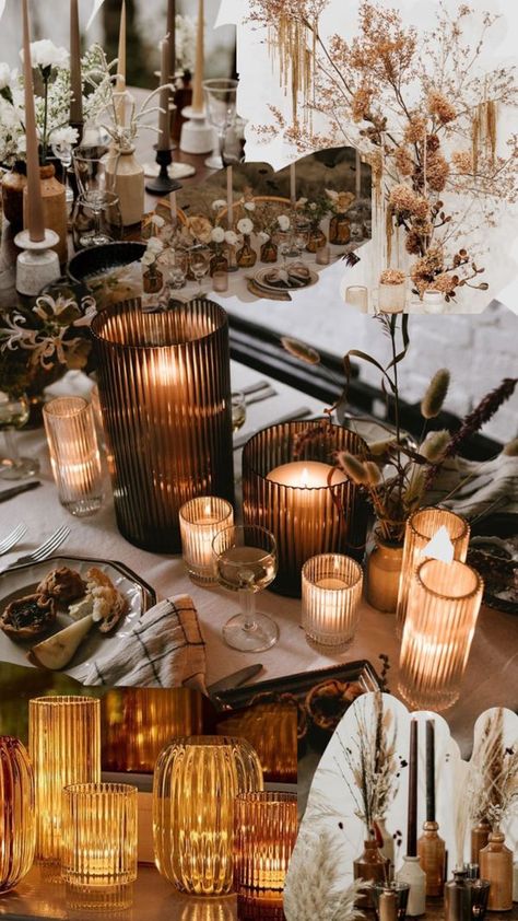 Check out HollyOryshia's Shuffles Eclectic amber glass table centre aesthetic with dried florals ans baby’s breath wedding reception inspo; muted natural colours and greens Eclectic Candle Centerpiece, Glass Pumpkin Wedding Centerpiece, Amber Vase Wedding Decor, Dried Floral Tablescape, Amber Glass Table Decor, Boho Candle Centerpieces Wedding, Vases And Candles Centerpieces, Gold And Amber Wedding Table, August Wedding Decor Ideas