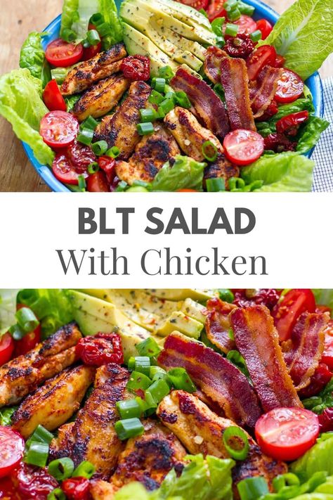 BLT Salad With Chicken & Avocado Chicken Blt Salad, Blt Salad Recipe, Green Bean Salad Recipes, Bacon Dinner, Avocado Blt, Bacon Seasoning, Chicken Blt, Blt Salad, Salad With Chicken