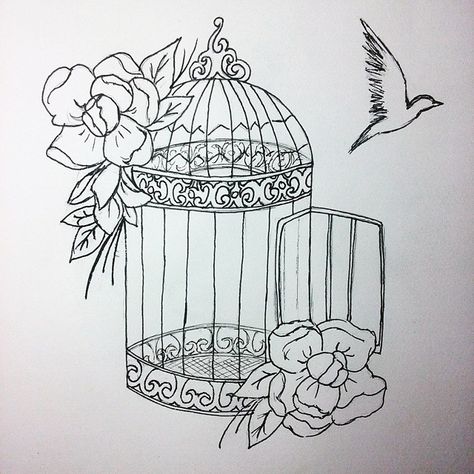 Flower Tattoo Stencil, Birdcage Tattoo, Flower Tattoo Stencils, Red Bird Tattoos, Cage Tattoos, Black Bird Tattoo, Flying Bird Tattoo, Tattoo Bird, Bird Sketch