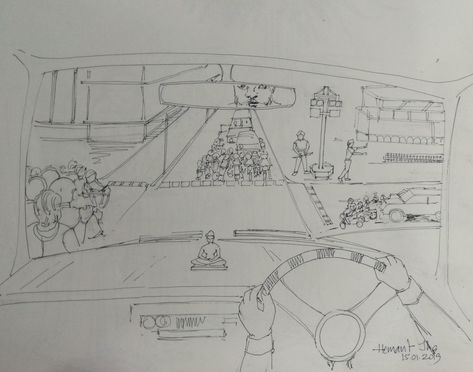 Inside view of Traffic Signal from Car. Memory drawing by Artist Hemant Jha Memory Drawing, Window Drawing, Perspective Drawing Lessons, Inside Car, One Point Perspective, Triangle Art, Scene Drawing, Car Drawing, Traffic Signal