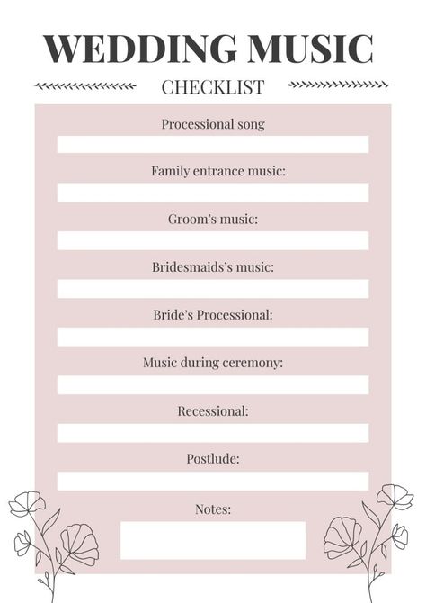 Floral Ornamental Wedding DJ Checklist Wedding Ceremony Music Checklist, Wedding Music Checklist, Wedding Dj Checklist, Celestial Wedding Theme, Wedding Reception Timeline, Order Of Wedding Ceremony, Wedding Ceremony Songs, Wedding Ceremony Music, Wedding Rental