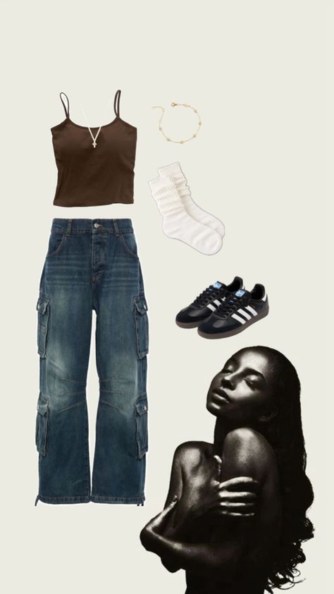 cool girl outfit inspo fun outfit safe sambas gold brown tank top baggy cargo jeans dark wash pants gold jewelry Cool Girl Outfit, Baggy Pants Outfit, Baggy Cargo Jeans, Brown Tank Top, Outfits Baggy, Tank Outfit, Baggy Pant, Basic Outfits, First Day Of School