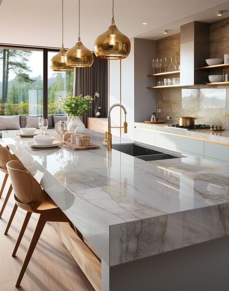 Modern Kitchen Trends, Tiny Island, Bloxburg Modern, Kitchens Luxury, Dream Kitchens Design, Kitchen Design Plans, Gold Kitchen, Luxury Kitchen Design, House Design Kitchen