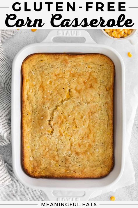 This gluten-free corn casserole includes a homemade gluten-free Jiffy cornbread mix that beats the boxed version any day! It’s savory, sweet, creamy, and perfect for holidays or any kind of gathering. Vegan Corn Casserole, Gluten Free Corn Casserole, Corn Casserole Jiffy, Easy Corn Casserole Recipe, Scalloped Corn Casserole, Corn Souffle, Creamy Corn Casserole, Scalloped Corn, Easy Corn Casserole