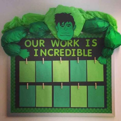 It's Hulk Approved! | 31 Incredible Bulletin Boards For Back To School Superhero Bulletin Boards, Superhero School, Creative Bulletin Boards, Superhero Classroom Theme, Superhero Classroom, Super Hero Theme, School Displays, Bulletin Board Ideas, Classroom Organisation