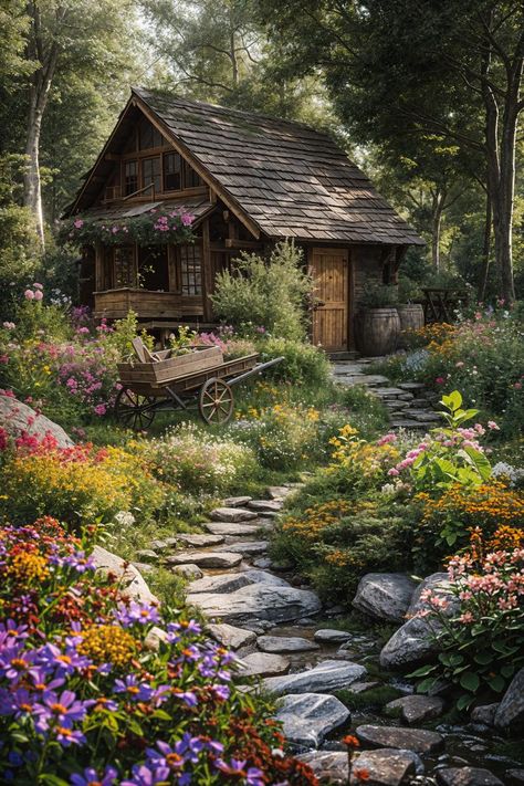 Landscaping In Woods, Cabin Garden Ideas, Vermont Gardening, Rustic Flower Garden, Cozy Garden Ideas, Rustic Cottage Garden, Rustic Courtyard, Winter Mansion, Cozy Cottage In The Woods