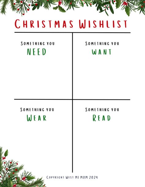 Keep the holidays manageable and meaningful with this free Christmas wishlist template! This simple guide helps each child focus on 4 gifts: 🎒 Something they need, 🧸 something they want, 📚 something to read, and 🧦 something to wear. A stress-free way to bring balance and joy to gift-giving!

Pin now to download and create a thoughtful, organized Christmas for your family! ❤️🎄

#ChristmasWishlist #FreeDownload #HolidayOrganization #GiftGiving #ChristmasForKids #HolidayTips #PrintableTemplate Christmas Wishlist Template, Organized Christmas, Wishlist Template, Holiday Organization, Holiday Hack, Something To Read, Christmas Organization, Kids Focus, Free Christmas