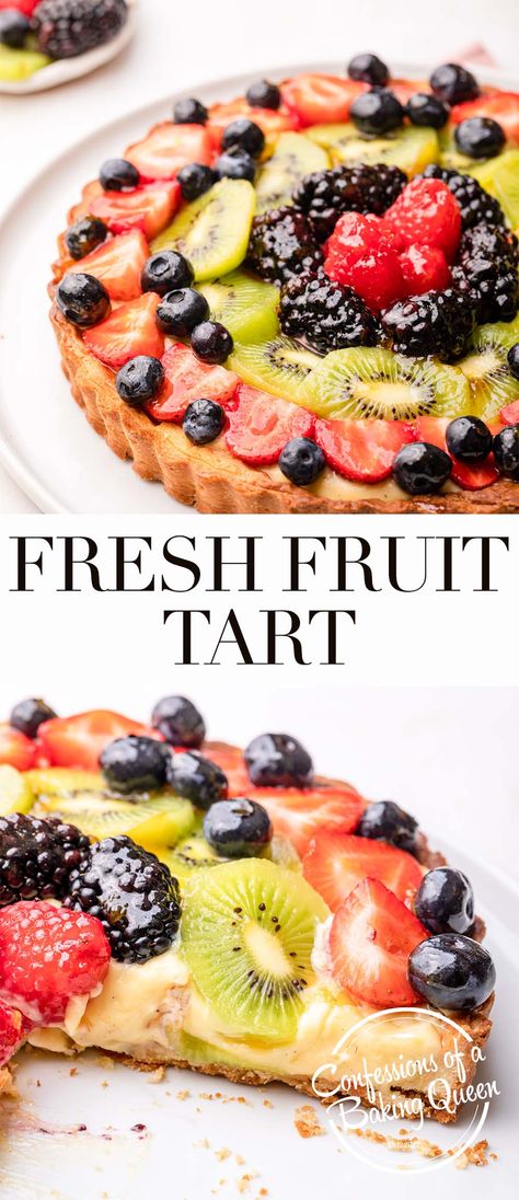 This is a French fruit tart recipe with step-by-step instructions and photos. A sweet, crunchy Pâte Sucrée/Sweet Shortcrust Pastry tart shell is filled with Creme Patissiere/ Vanilla Pastry Cream and then topped with loads of fresh fruit. Learn how to make this awesome French dessert. Whole Foods Fruit Tart Recipe, Fresh Fruit Tart Recipe, Fruit Tarts Recipe Dessert, Advanced Desserts, French Fruit Tart Recipe, Berry Tart Recipe, Fruit Tart Recipe Easy, Fruit Tart Filling, Tart Crust Recipe