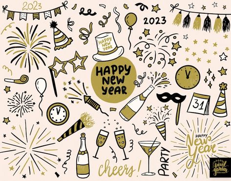 Hand-drawn minimalist New Year's Eve celebration clipart bundle includes 70+ charming doodle illustrations of fireworks, stars, party elements, masks, clocks, bunting banners, streamers, champagne and glasses, hand lettering, and many more elements. New Year Card Decoration Ideas, New Years Symbols, Happy New Year Doodle Art, New Years Banner Design, New Years Desktop Wallpaper, New Years Eve Drawing Ideas, New Year Eve Illustration, New Years Drawings Easy, New Years Eve Doodles