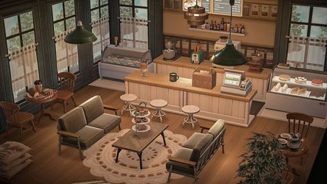 Acnh Hhp Cafe Designs, Animal Crossing Coffee, Acnh Rooms, Animal Crossing Cafe, Ac New Leaf, Animal Crossing Guide, Coffee Room, Acnh Designs, Happy Home Designer