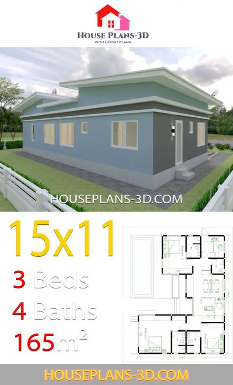 House Design 10x10 With 3 Bedrooms Hip Roof - House Plans S 9B6 Single Pitch Roof House, Pitch Roof House, Single Pitch Roof, Hip Roof House Plans, 3 Bedroom House Plans, Gable Roof House, Slope Roof, Pitch Roof, Bedroom Bungalow