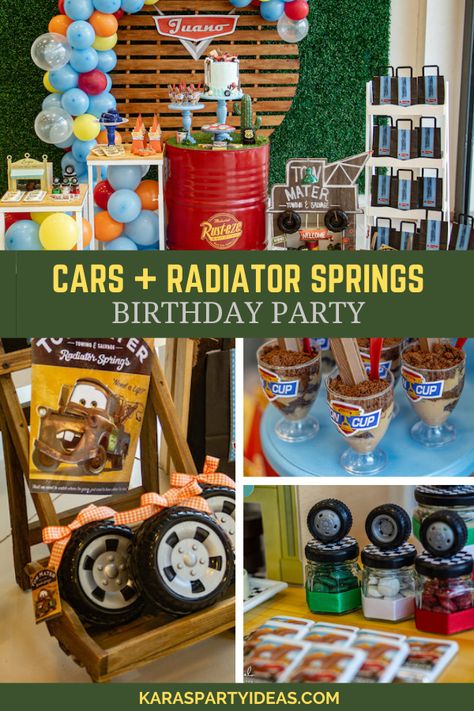 Cars Cupcakes Disney, Retro Radiator Springs Birthday, Disney Cars 3rd Birthday, Cars Theme Birthday Party Decorations Diy, Grand Three Birthday Party, Cars Radiator Springs Birthday Parties, Radiator Springs Birthday Party, Muted Cars Birthday, Mater Party Ideas