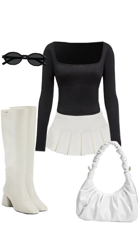 Elevate your evening style with this effortless black and white night out outfit. This combination features a fitted black long-sleeve top that pairs perfectly with a pleated white mini skirt for a sleek, balanced look. Complete the outfit with knee-high white boots for a striking statement and a ruched white handbag for a touch of texture. Black cat-eye sunglasses add a cool edge, making this look perfect for dinner dates, night parties, or weekend outings. #NightOutOutfit #BlackAndWhiteFashion #EveningWear #FashionInspiration #WeekendLook #PartyOutfit #ModernStyle Black And White Dinner Party Outfit, White Dinner Party Outfit, White Night Out Outfit, White Outfits Party Night, Black And White Outfits Party Night, Black And White Dinner Party, Black And White Outfits, White Party Outfit, Dinner Party Outfits