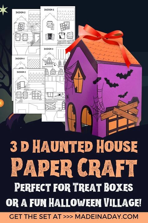 Add a touch of spookiness to your Halloween goodies with our 3D Haunted House treat boxes or make the coolest haunted house village with our printable templates! halloween treat boxes, haunted house paper craft, 3d haunted house template, haunted house village House Paper Craft, 3d Haunted House, 3d Paper Houses, 3d Templates, Halloween Treat Boxes, Haunted House Halloween, House Village, Halloween Craft Projects, House Template