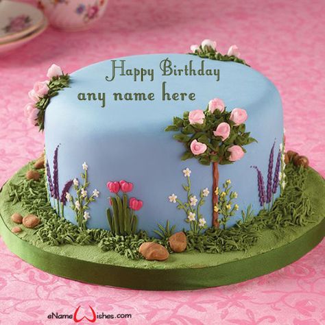 Cake Designs Fondant Simple, Meadow Cake Ideas, Garden Cake Design, Garden Cake Ideas, Flower Garden Cake, Birthday Cake With Name Edit, Garden Theme Cake, Floral Cake Birthday, Gardening Cake