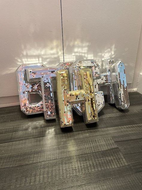 Disco Letters, Disco Tiles, Diy Disco Ball, Studio 54 Party, Disco Mirror, Mirror Letters, Arrow Designs, Disco Birthday Party, Disco Decorations