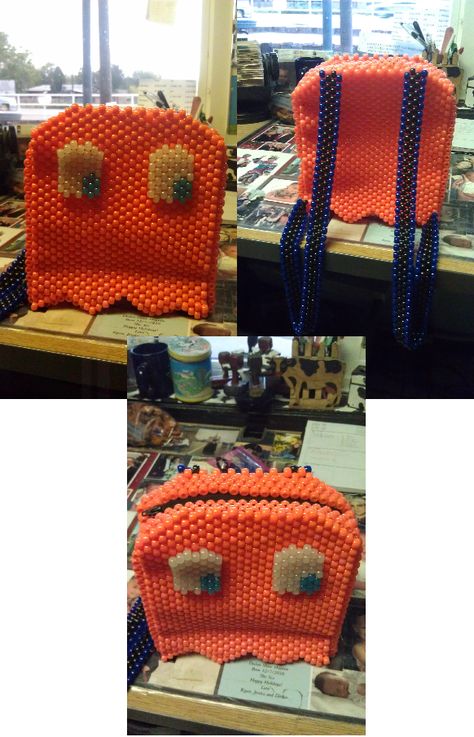 Pacman Ghostie Backpack by Steffazi - Kandi Photos on Kandi Patterns Kandi Backpack, Bead Ghost, Ghost Tutorial, Brick Stitch Patterns, Kandi Mask, Rave Kandi, Pony Bead Projects, Diy Kandi Bracelets, Diy Kandi