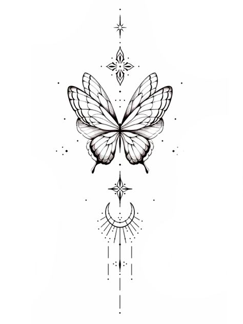 Back Tattoo Ideas Spine, Celestial Butterfly Tattoo, Fine Line Sternum Tattoo, Butterfly Tattoo Placement Ideas, Ornamental Butterfly, Butterfly With Flowers Tattoo, Floral Tattoo Shoulder, Small Girly Tattoos, Tattoos To Cover Scars