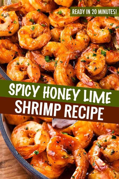 Spicy Honey Lime Shrimp, a quick, 15-20 minute one pan recipe that's perfect for weeknight dinner!  Garlicky, sweet, and spicy, these shrimps are perfect as a main dish, taco filling, or on a salad! #shrimp #honeylime #spicy #15minutemeal #easyrecipe #quickdinner #weeknightrecipe #dinner #seafood Quick Shrimp Recipes, Honey Lime Shrimp, One Pan Recipe, Lime Shrimp Recipes, Honey Shrimp, Salad Shrimp, Baked Shrimp Recipes, Dinner Seafood, The Chunky Chef