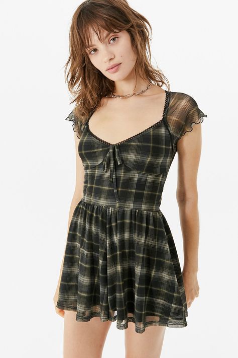 UO Millie Plaid Mesh Playsuit | Urban Outfitters UK Mesh Romper, Knit Wrap Dress, Urban Dresses, Urban Outfitters Dress, Black Romper, Plaid Dress, Fjallraven Kanken, Mesh Dress, Playsuit