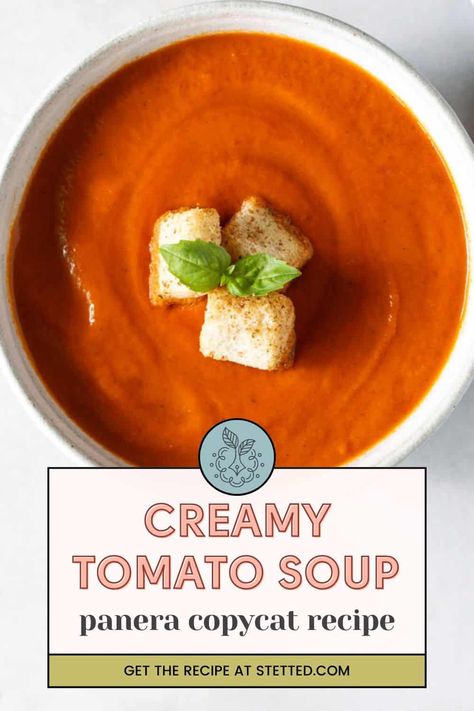 Try our easy Copycat Panera Tomato Soup recipe! Perfect for cozy evenings or quick lunches. Made with fresh tomatoes, basil, and a touch of cream. Tomato Soup Bread Recipe, Tomato Soup Panera Copycat, Panera Copycat Tomato Soup, Copycat Tomato Soup Panera, Easy Tomato Soup Recipes Quick, Copycat Panera Tomato Soup, Tomato Bisque Soup Fresh Tomatoes, Panera Tomato Soup Recipe Copycat, 4b's Tomato Soup Recipe