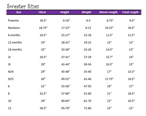 Baby & Child Sweater Sizing - The Lavender Chair - This website has various size charts for adults and children for sweaters, mittens, hats, blankets, etc. Art Evolution, Lavender Chair, The Lavender Chair, Crochet Baby Mittens, Crochet Baby Jacket, Crochet Yoke, Baby Size Chart, Crochet Baby Sweater, Crochet Romper