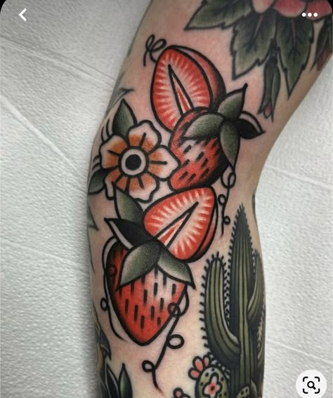 Traditional Tattoo Filler, Peach Tattoo, Left Arm Tattoos, Strawberry Tattoo, Fruit Tattoo, Traditional Tattoo Inspiration, American Traditional Tattoo Ideas, Traditional Tattoo Ideas, Traditional Style Tattoo