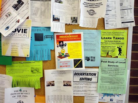 Flyers on the bulletin board in the UIUC library | by benchilada Flyer Bulletin Board, Design Analysis, Corner Shop, Band Poster, Presentation Skills, Skills Activities, Band Posters, Gas Station, Student Work