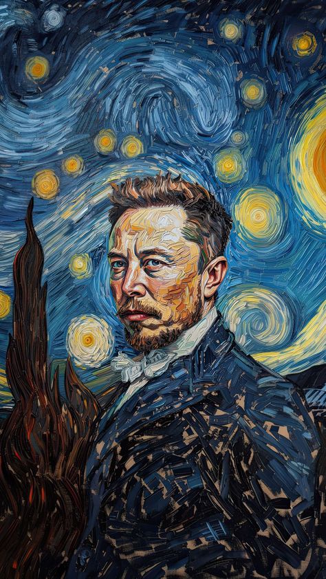 Elon Musk Painting, Elon Musk Wallpaper, Visual Art Ideas, Elon Reeve Musk, Free Digital Art, Gogh Paintings, Van Gogh Style, Iphone Lock Screen, Starry Night Art