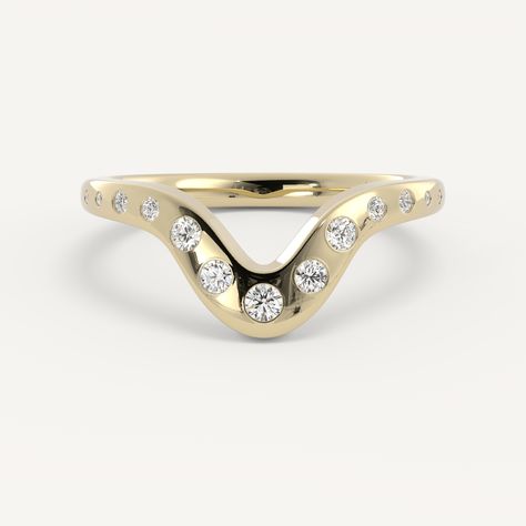 Gretta features a flush diamond accented band with a daring deep contour. Cloud Ring, Contour Wedding Band, Wedding Day Jewelry, Jewelry Education, Custom Wedding Band, Trending Engagement Rings, Ring Trends, Engagement Rings Bridal Sets, Curved Wedding Band