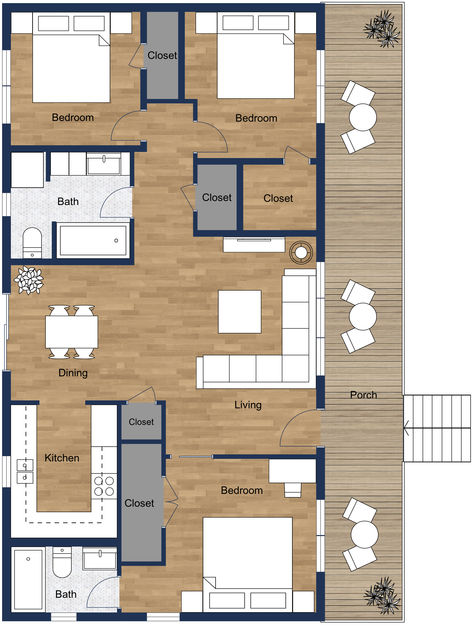 Brown and white 2D shipping container home floor plan with three bedrooms, two bathrooms, a U-shaped kitchen layout, a semi-open concept, and a large porch. Three Bedroom Two Bathroom Floor Plans, U Shaped House Plans 4 Bedroom, Shipping Container Floor Plans 3 Bedroom, Shipping Container Bedroom Layout, Container Home Floor Plans 40 Foot, Shipping Container Homes Plans Layout 3 Bedroom, Shipping Container Home Designs Layout, 2 Bedroom Container Home, Shipping Container Layout