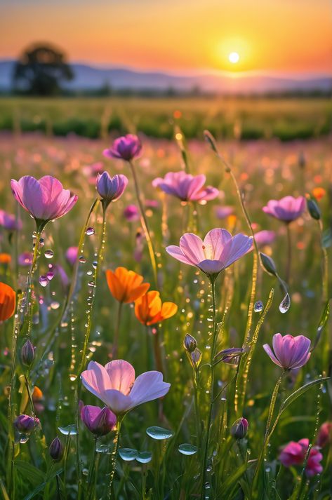 A breathtaking sunrise illuminates a vibrant meadow filled with dew-kissed flowers. This Ultra HD image captures nature's renewal in stunning detail, showcasing a plateau, hot spring, and caldera.  A truly captivating scene! Nature Photography Animals, Spring Trees, Fields Of Flowers, Field Flowers, Rays Of Light, Flower Landscape, Hot Spring, Flower Field, Ultra Hd