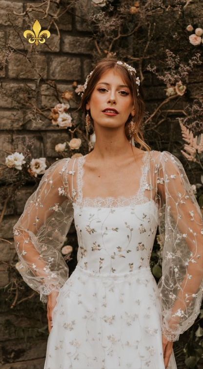 Romantic fairytale A-line wedding dress with delicate lace trim, colored floral appliques, dainty bishop sleeves, tulle skirt and square neckline Floral Wedding Dress, White Wedding Dress, Floral Outfit, Wedding Goals, Wedding Dress Inspiration, Dream Wedding Dresses, Fancy Dresses, Dream Dress, Future Wedding