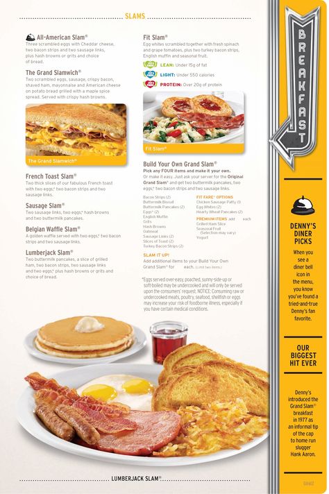 Denny’s Slams menu • dennys.com Breakfast Diner Menu Ideas, Dennys Breakfast, Menus Design, Diner Menu, 44th Birthday, Crispy Hashbrowns, Diner Restaurant, Steam Recipes, Menu Design Template