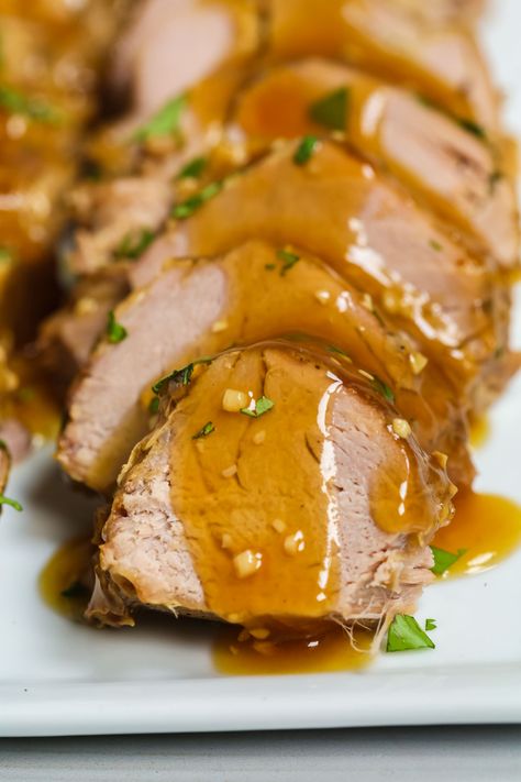 Garlic Crockpot Pork Tenderloin is an easy slow cooker recipe. The meat is tender and the sauce in incredibly flavorful. Garlic Crockpot, Instant Pot Pork Tenderloin Recipe, Balsamic Pork Tenderloins, Crockpot Pork Tenderloin, Pork Loin Roast Recipes, Slow Cooker Pork Tenderloin, Balsamic Pork, Tenderloin Recipe, Pork Loin Recipes