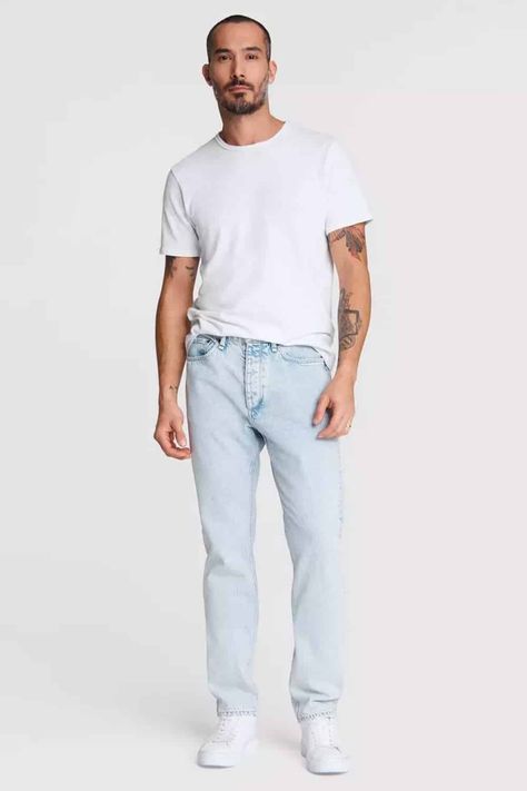 Light Blue Denim Outfit Men, White Tee And Jeans Outfit Men, White Shirt Light Blue Jeans Outfit, Blue Jean White Shirt Outfit, Blue Jeans White Shirt Outfit Men, Light Blue Jeans Outfit Men Casual, White And Denim Outfits Men, White Shirt Blue Jeans Men, Light Wash Jeans Outfit Men