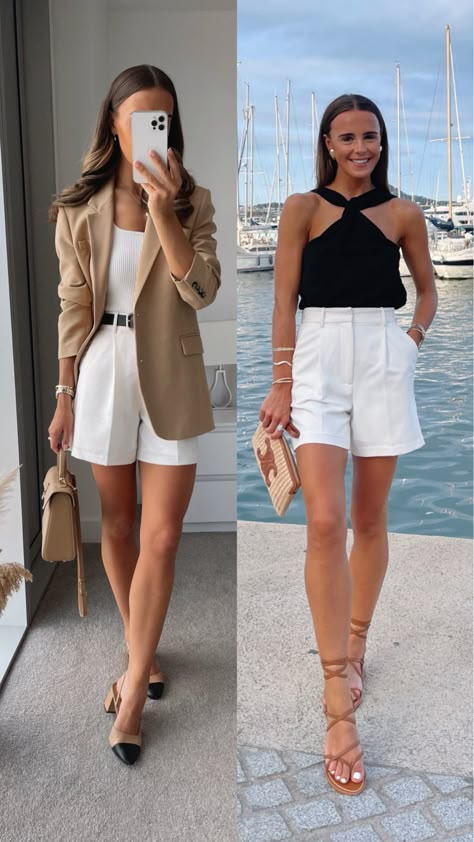 The TENCEL™ Oversized Blazer curated on LTK White Dress Shorts Outfit Classy, Summer Day Outfits Women, Elegant Shorts Outfit, Short Outfits Women, Blazer Shorts Outfit, Dress Shorts Outfit, Looks Com Short, Old Money Look, Elegant Summer Outfits