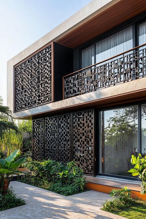 Modern house facade with dynamic perforated screens. Check out all of these modern house facades that can transform any home into a head-turner with instant curb appeal. Office Facade Design, Modern Elevation Designs For House, Balcony Exterior Design, Moroccan Screen, Resort Balcony, Moroccan Exterior, Compound Wall Gate Design, Fabrication Design, Sustainable House Design