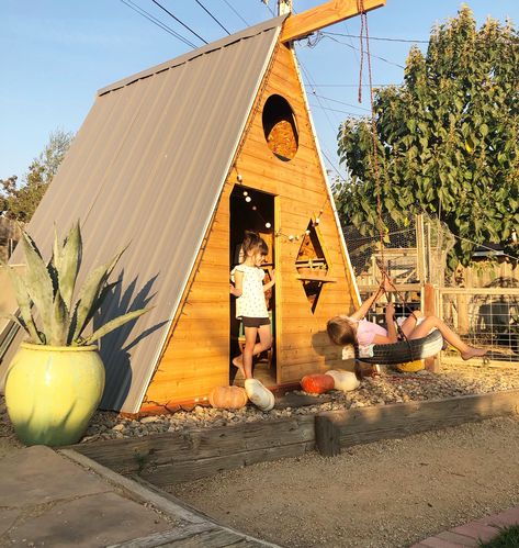 Backyard Stage, A Frame Playhouse, Frame Cabins, Natural Playgrounds, Kids Yard, Tree Fort, Kids Garden, Cubby House, Frame Cabin