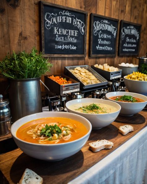 Warm up with our cozy soup bar delights! 🍲✨ . #recipes #food #salad #soup #delicious #vegetables #cooking #pasta #foodie #yummy #healthyfood Soup And Potato Bar, Soup Wedding Bar, Mini Soup Bowls, Christmas Soup Bar Ideas Parties, Soup Supper Party Ideas, Soup Potluck Party, Wedding Soup Bar, Soup And Salad Party Ideas, Soup And Sandwich Party Ideas