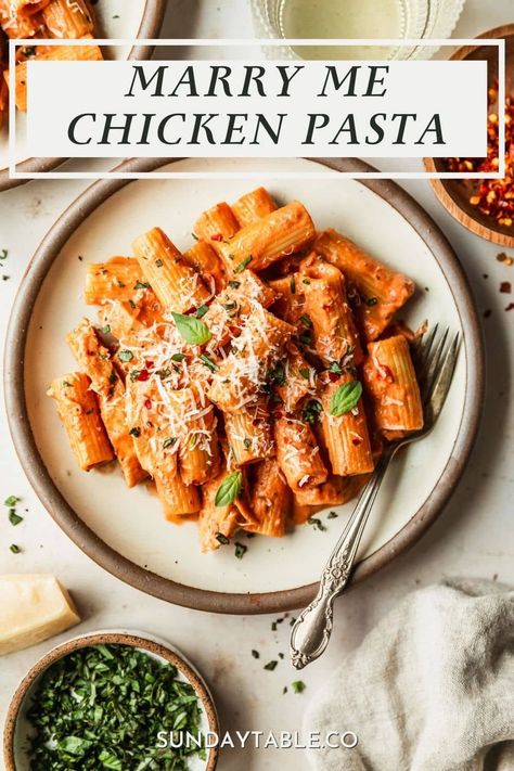 This marry me chicken pasta is an easy and delicious recipe for dinner parties or date night at home! Inspired by Tuscan chicken, this recipe has seared chicken breasts or thighs, rigatoni pasta, garlic, sundried tomatoes, and basil. The tomato cream sauce is super easy to make and comes together in one pot. This is one of my favorite recipes for Valentine's Day, parties with friends, or chilly nights. Serve this creamy chicken pasta with salad, garlic bread, and wine. It's absolutely amazing! Marry Me Rigatoni, Mary Me Chicken And Pasta, Pasta With Salad, Marry Me Chicken Pasta, Pasta Garlic, Marry Me Chicken, All Ideas, Creamy Chicken Pasta, Rigatoni Pasta