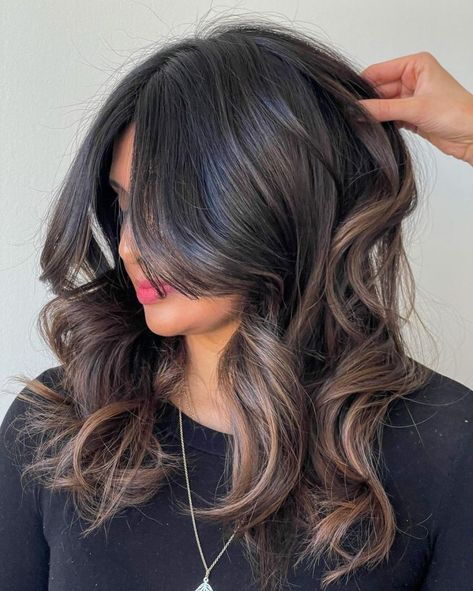 Midshaft-to-Ends Highlights on Black Hair Best Highlights For Black Hair, Hair Trend 2023, Brown Highlights On Black Hair, Highlights For Black Hair, Hair With Highlights And Lowlights, Brown Hair Color With Blonde Highlights, Hair For Kids, Highlights On Black Hair, Chocolate Highlights