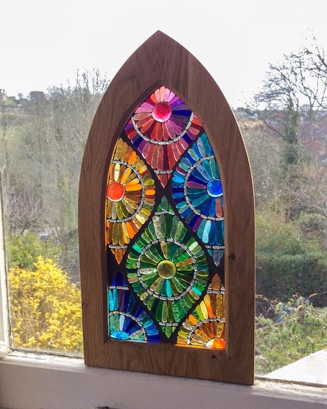 This arch window is my celebration of the sheer power and healing of colour 💜🌈💜 (Sold) #siobhanallenarts #stainedglass #ArtasAPrayer #colortherapy #rainbow #glassonglassmosaic #archwindow #geometricpattern #geometryinspireddesign #etsy #etsyseller #colorcompanion Mosaic Windows, L'art Du Vitrail, Glass Art Pictures, زجاج ملون, Mosaic Stained, Verre Design, Wine Glass Art, Glass Art Projects, Beach Glass Art