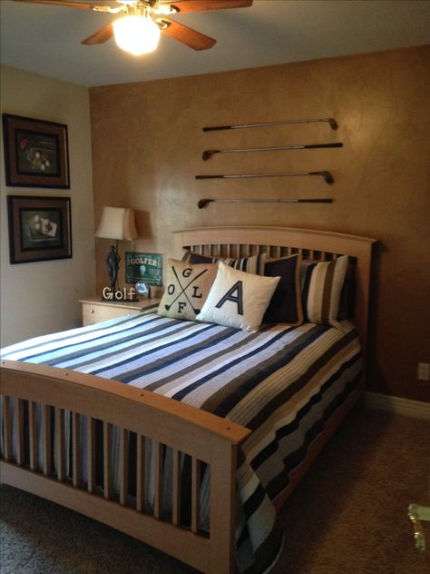 Boy's golf bedroom Golf Theme Bedroom Decor, Golf Inspired Bedroom, Golf Bedrooms For Boys, Golf Bedroom Ideas, Golf Bedroom, Boys Bedroom Green, Lime Green Bedrooms, Modern Teen Boy Bedroom, Cool Boys Room